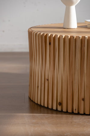 English Elm 31.5" Retro Cylindrical Coffee Table with Vertical Relief Texture, No Assembly, Easy-Clean Rustic Charm W757P183279