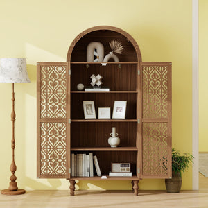 English Elm 70.28" Tall Walnut Pantry Cabinet Lattice Carved Doors Adjustable Shelves Two Drawers W688P303382