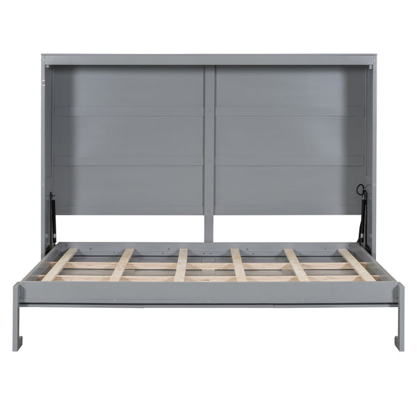 English Elm Full Size Murphy Wall Bed with Rattan Panel Cabinet for Studio and Guest Rooms Gray N708S00011E-2