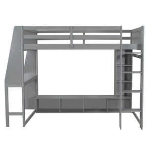 English Elm Wood Full Size Gaming Loft Bed Pine Frame with Led Lighting Desk and Storage Shelves N7090001042E-1