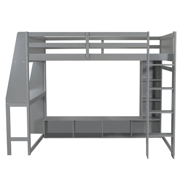 English Elm Wood Full Size Gaming Loft Bed Pine Frame with Led Lighting Desk and Storage Shelves N7090001042E-1
