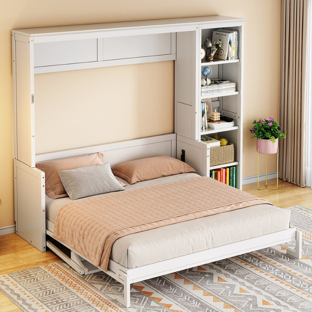 English Elm Queen Size Murphy Bed With Integrated Desk & Bookshelf - Space-Saving Elegance For Modern Living N7090004016K-GIGA