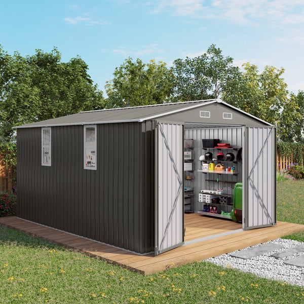 English Elm 10x12ft Galvanized Steel Outdoor Storage Shed with Vented Windows and Lockable Doors W3213S00002