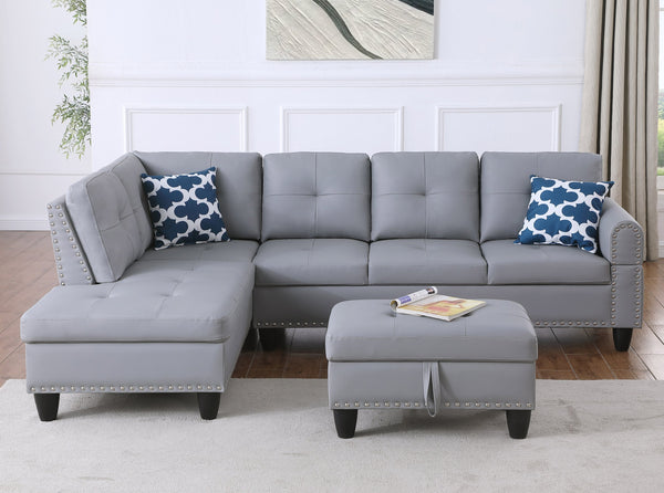 English Elm Irine Faux Leather Sectional Sofa with Ottoman, Storage Ottoman, Nailhead Trim, Cup Holders, Classic Comfort Gray B102S00069