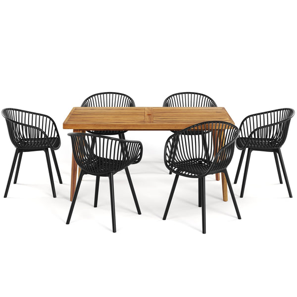 English Elm Christopher Knight Home® - Mykonos Weather-Resistant Outdoor 7PCS Dining Set with Recyclable PP Stackable Chairs & Table Acacia Wood,Black MYKONOS7PCDB