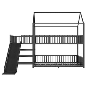 English Elm Full Metal House Bunk Bed with Slide Storage Stairs and Safety Rails for Kids W1580S00344