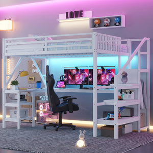 English Elm Metal Full Loft Bed with L Shaped Desk Wardrobe Rgb Lighting and Usb Charging White W2593S00054