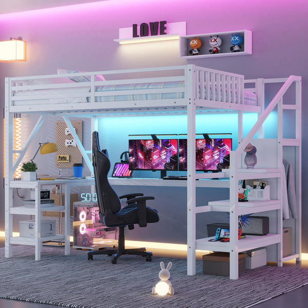 English Elm Metal Full Loft Bed with L Shaped Desk Wardrobe Rgb Lighting and Usb Charging White W2593S00054