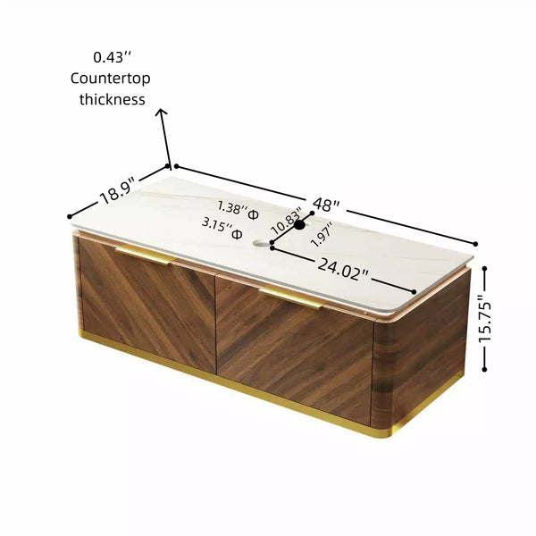 English Elm 48" Sintered Stone Countertop Vanity Base Brown Oak Cabinet Brushed Gold Handles W2615P330747