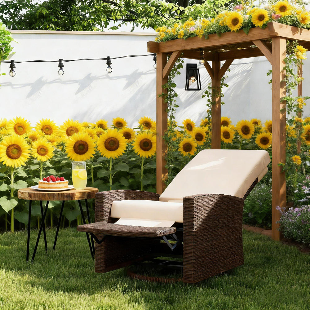 English Elm Swivel Recliner Outdoor Wicker Chair with Footrest Pe Rattan Patio Lounge Seat T3971P444290