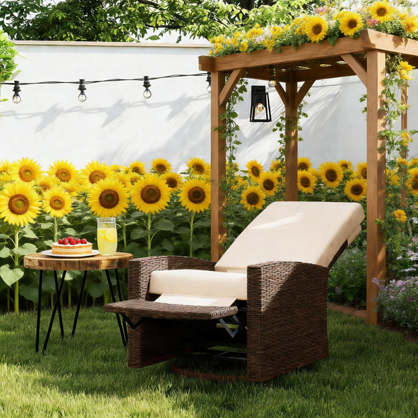 English Elm Swivel Recliner Outdoor Wicker Chair with Footrest Pe Rattan Patio Lounge Seat T3971P444290