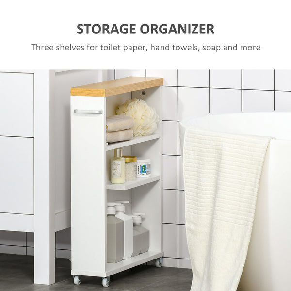 English Elm kleankin Slim Bathroom Cabinet on Wheels with 3 Shelves, Narrow Space Saver, Water-Resistant White, 26.5" H W2225P173988