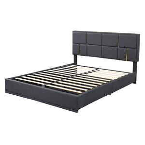 English Elm 2-Pieces Queen Upholstered Platform Bed with Hydraulic Lift and Spacious Storage Ottoman, Elegant Gold Trim Black 50 L x 16 W x 13 H N733S207778B