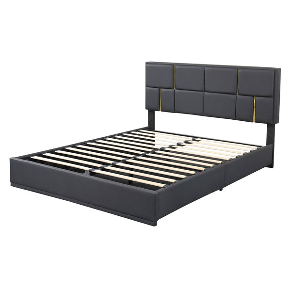 English Elm 2-Pieces Queen Upholstered Platform Bed with Hydraulic Lift and Spacious Storage Ottoman, Elegant Gold Trim Black 50 L x 16 W x 13 H N733S207778B