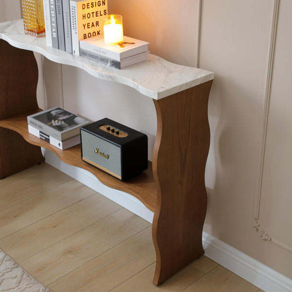 English Elm 47.24" Modern Console Table With White Marble Top & Walnut Wood Veneer - Stylish Entryway Storage Solution W2664P346441