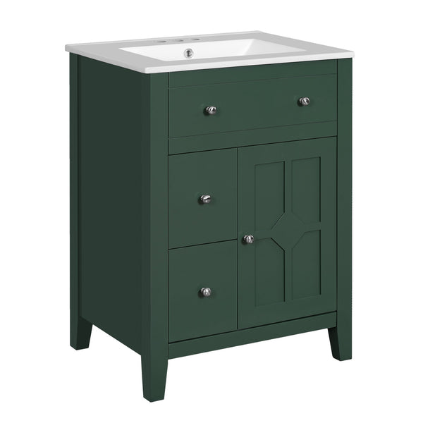 English Elm 24" Modern Bathroom Vanity with Ceramic Basin, French Country Cross-Grid Design & Soft-Close Drawers Green N710P280655F