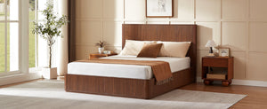 English Elm Natural Fluted Wood Platform Bed Minimalist Queen Frame with Tall Curved Headboard Walnut W5219S00001
