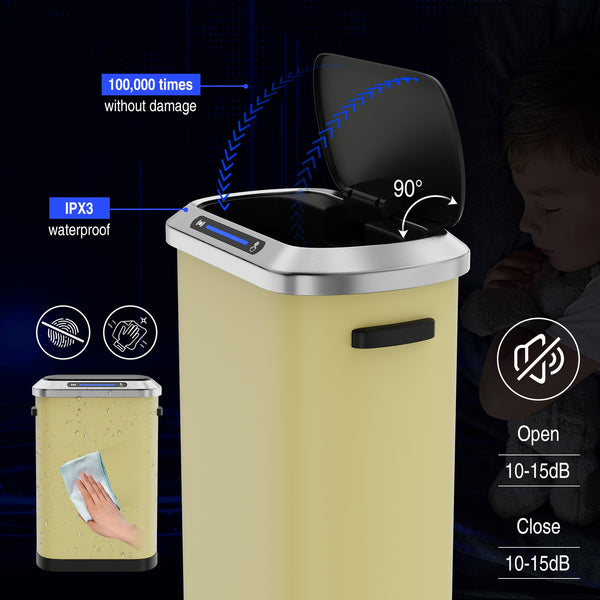 English Elm 50L Smart automatic Trash Can with Silent Slow-Close Lid, Motion Sensor, Durable 0.45mm Steel Body Yellow W1550P247984