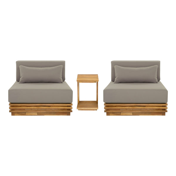 English Elm Oversized Acacia Wood Outdoor Chat Set Three Piece Resort Style Patio Lounge Brown,Natural+Grey N768P392778B_N768P392779B