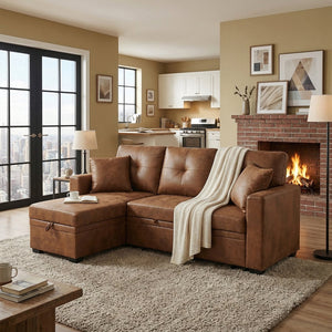 English Elm Sleeper Sectional with Pull Out Bed Storage Chaise Tufted Breathable Fabric Sofa W5568S00044