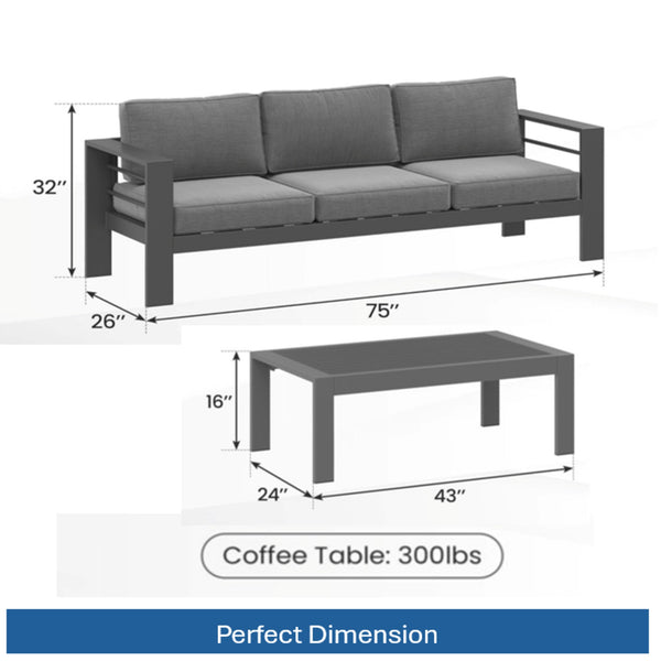 English Elm 2 Piece Outdoor Iron Patio Sofa Set with Thick Cushions and Wood Grain Coffee Table Gray+Gray B082P455116