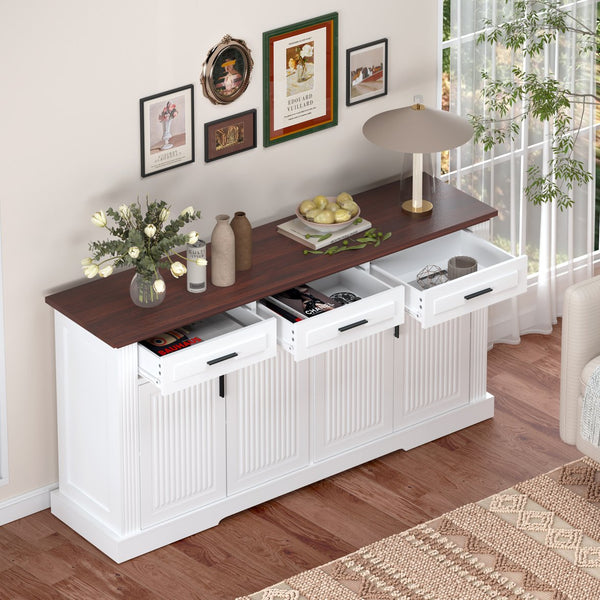 English Elm 63" Fluted Sideboard Buffet Cabinet with Coffee Bar Storage, 4 Doors 3 Drawers, Smooth Silent Slides White W2917P319113