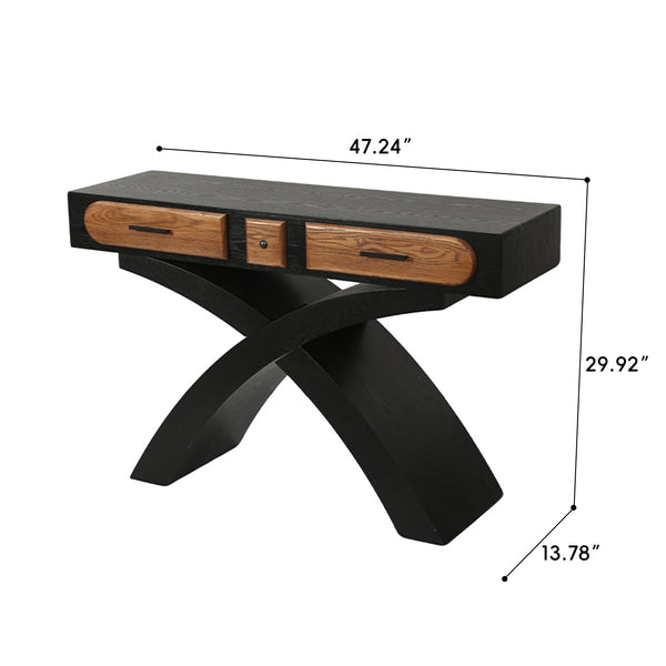 English Elm Ashwood Veneered Console Table with X Frame Legs and Two Drawers for Entryway Decor W3040P455738