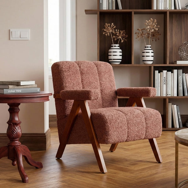 English Elm Mid-century Modern Chenille Lounge Chair Set Oak Frame Cloud Silhouette Living Room Rust Red W1170S00049