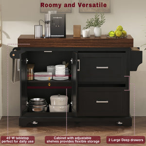 English Elm K&k Rolling Kitchen Island with Walnut Grain Countertop Drawers and Spice Rack Black N707S000025B
