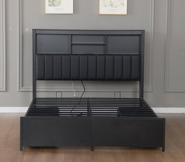 English Elm Queen Storage Bed Frame with Led Lighting Charging Station and Four Under Drawers W1670S00031