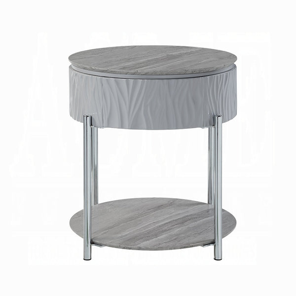 English Elm Grey High Gloss End Table With Chrome Legs And Drawer – Modern Accent For Stylish Living Spaces B062P209132