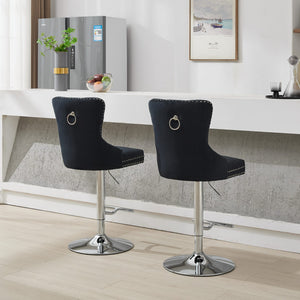 English Elm Thick Velvet Swivel Barstools with 17.7" Chrome Base, Tufted Diamond Pleating, Comfort Foam Seats Black W1143P335042