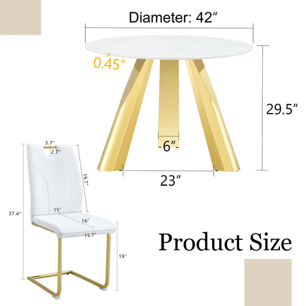 English Elm Table 7-Piece Dining Set - 42" Round Snow Mountain White Sintered Stone Table & Elegant Chairs W2920S00046-GIGA