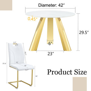 English Elm Table 5-Piece Dining Set With 42-Inch Round Snow Mountain White Top & Elegant Gold Leg Chairs W2920S00045-GIGA