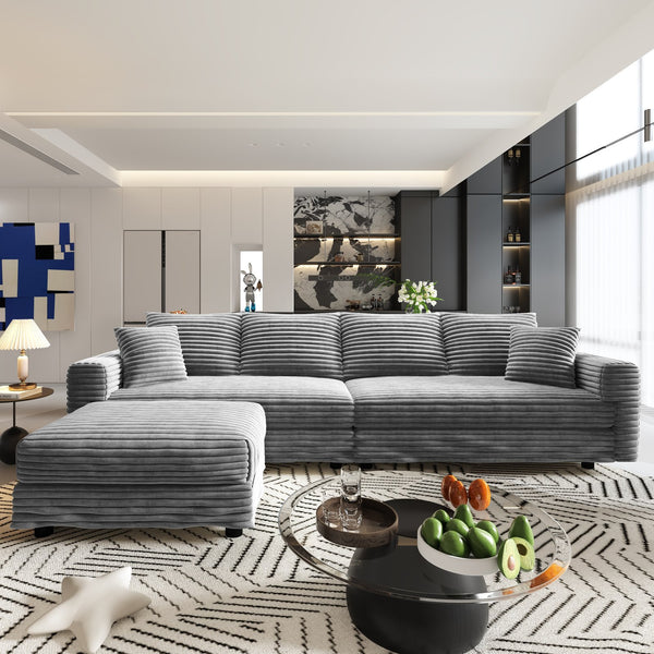 English Elm 102.4 Inch Plush Corduroy Cloud Sofa Deep Seat Four Person Convertible Lounge for Living Room Grey W1885S00279