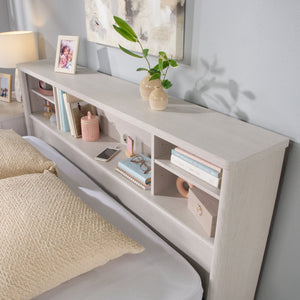 English Elm Full/Queen Bookcase Headboard White — Slim Engineered Wood, 2 Adjustable Shelves, Hidden Cord Access, Easy Assembly B356P402781