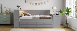 English Elm Full Size Pine Wood Platform Daybed with Led Headboard Desk Storage and Charging Gray N7090000475E-1