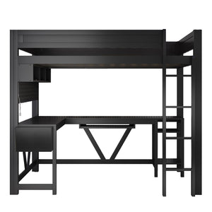 English Elm Wood Full Size Gaming Loft Bed With Integrated Desk, Charging Station & Led Lights - Black Finish N7090004022B-GIGA