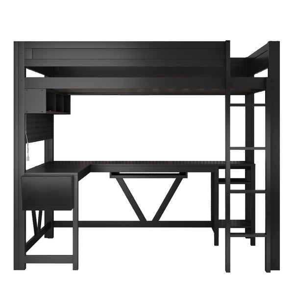 English Elm Wood Full Size Gaming Loft Bed With Integrated Desk, Charging Station & Led Lights - Black Finish N7090004022B-GIGA