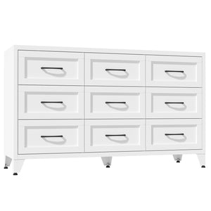 English Elm 9 Drawer Steel Dresser Low Profile White Powder Coated Frame Quiet Glide Bedroom Storage T2398P465982
