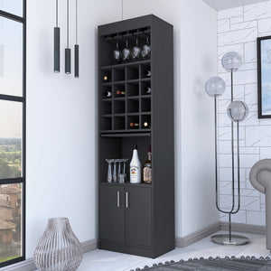 English Elm Myers Tall Bar Cabinet with Wine Rack Glass Holder Open Shelves and Double Doors B128S00154
