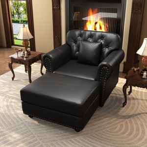 English Elm 41.3"upholstered Faux Leather Accent Sofa Button Tufted Nailhead Chesterfield Style Seat Black W1885S00422