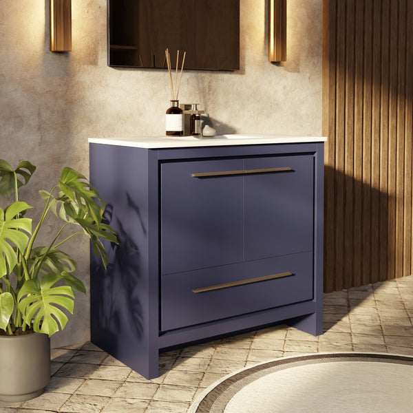 English Elm Navy Blue Single-Sink Vanity Set With White Quartz Top, Gun Metal Faucet & 28" Mirror For Modern Baths B2731S02065