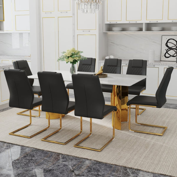 English Elm Table Set With Elegant Glass Top, Imitation Marble Finish & 8 Comfortable Pu Chairs - Perfect For Dining! W1151S04348-GIGA
