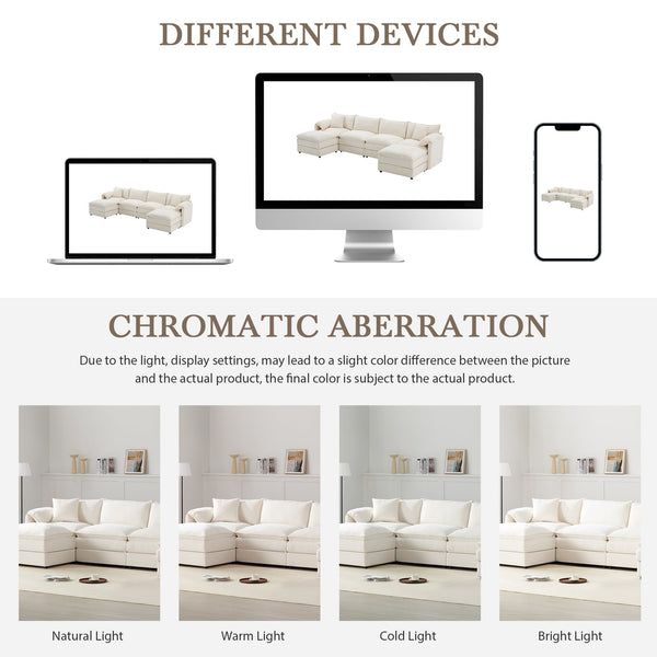 English Elm [new U-shaped Chenille Cloud Sectional 6 Seat Modular Sofa with Movable Ottoman White N723S6546W
