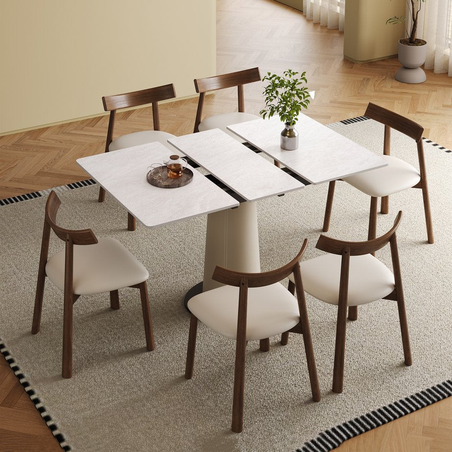 English Elm Retractable Rock Slab Dining Set with Leather Wrapped Base for Compact Apartments W2700S00104
