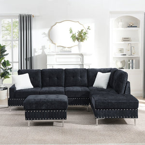 English Elm Sectional L-Shaped Chenille Sofa with Chaise Storage Ottoman, Metal Eucalyptus Frame, 4-Seater Spacious Navy Blue W1413S00118
