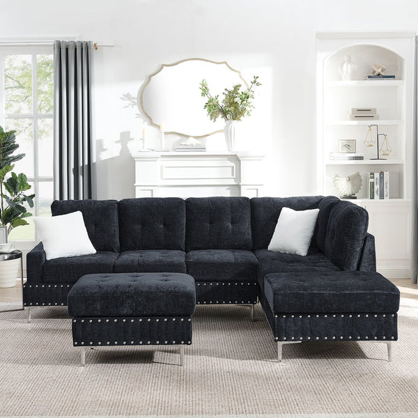 English Elm Sectional L-Shaped Chenille Sofa with Chaise Storage Ottoman, Metal Eucalyptus Frame, 4-Seater Spacious Navy Blue W1413S00118