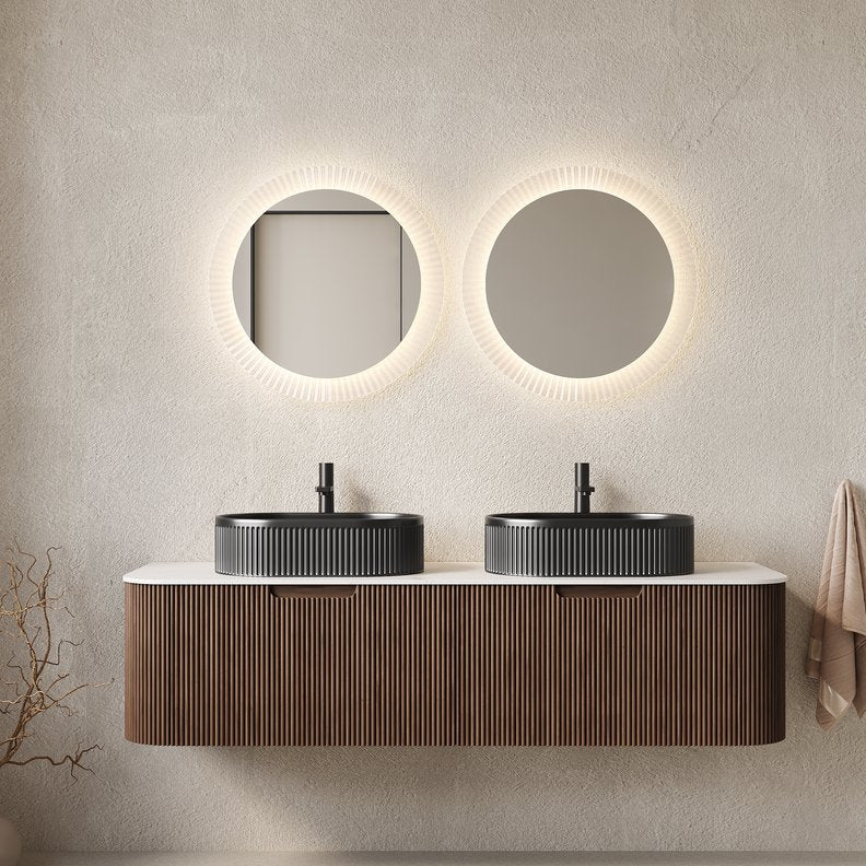 English Elm Dina 60 Inch Floating Bathroom Vanity Sintered Stone Top Dual Glass Basins Wood Grain Black + Dark Walnut,Carrara White W2615S00204