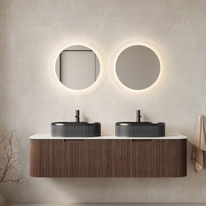 English Elm Dina 60 Inch Floating Bathroom Vanity Sintered Stone Top Dual Glass Basins Wood Grain Black + Dark Walnut,Carrara White W2615S00204